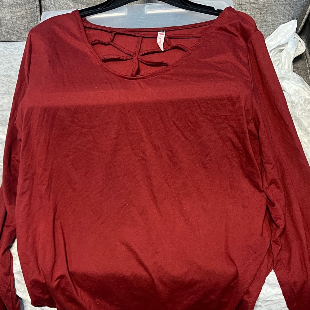 Poof! Burgundy Women's Blouse with Cutout Detail